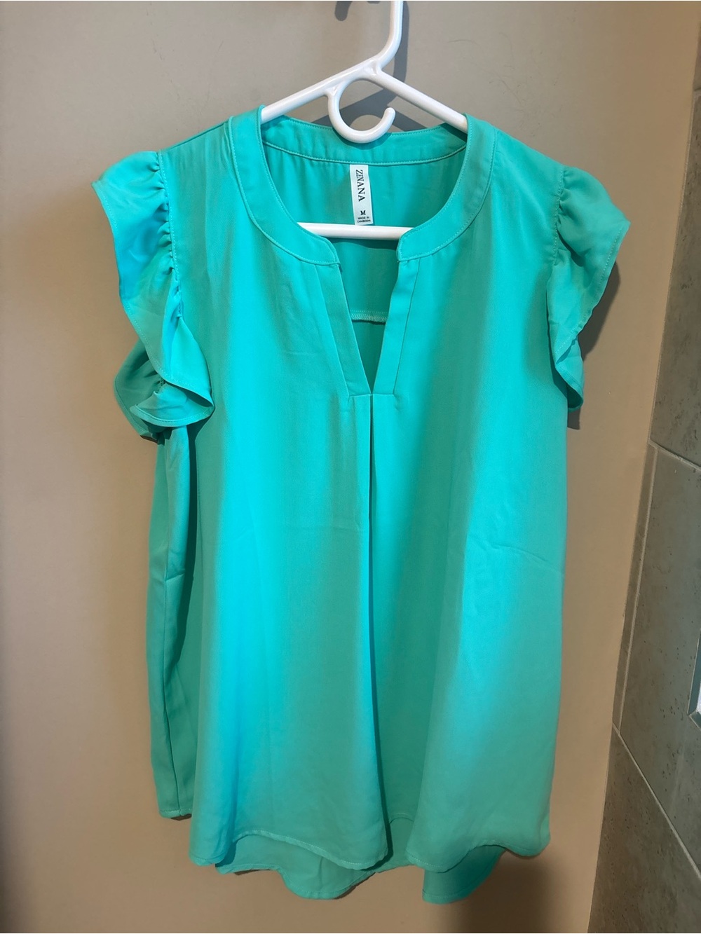 Zenana Outfitters Teal Ruffle Sleeve Split-Neck Blouse